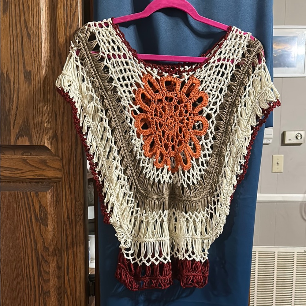 Bohemian Crochet Poncho with Floral Design
